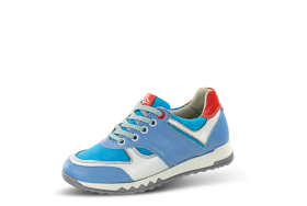 Blue children's sneakers with accents in white and red
